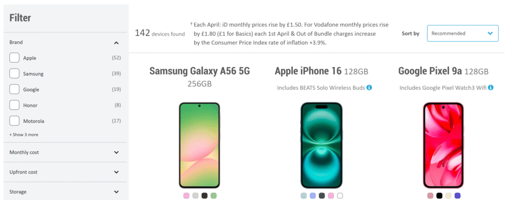 Screenshot of the Carphone Warehouse product listing page showing the updated filter panel alongside the product listings.