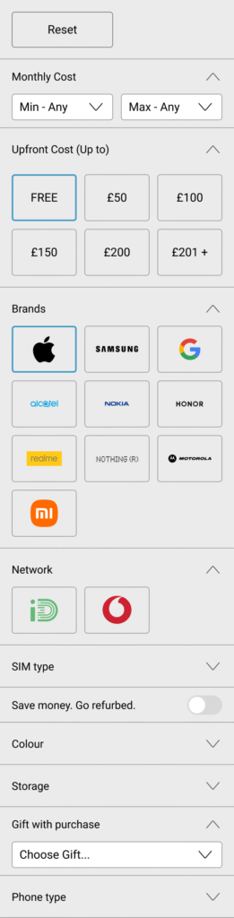 Screenshot of the original Carphone Warehouse filter UI showing brand selection as logos only, without brand names.