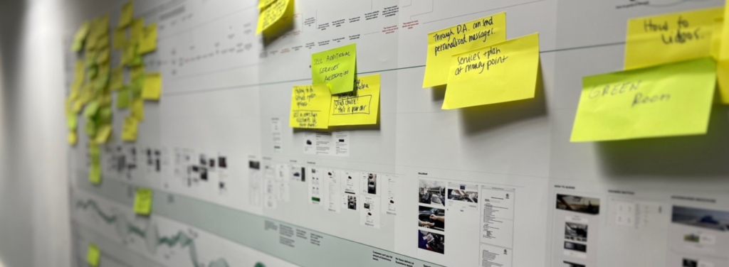 "Skoda customer journey map showing the car purchase experience, displayed on the wall during a workshop.