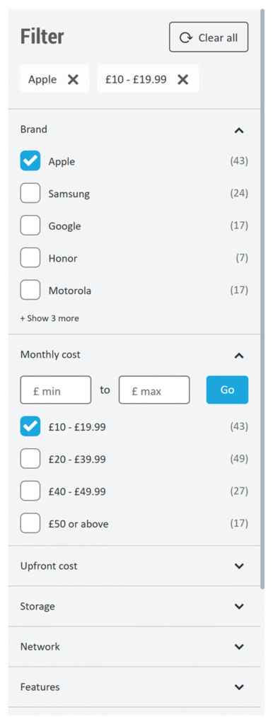 New Carphone Warehouse filter interface showing applied filters in a pill-style overview, clear checkbox filter options, and an updated, user-friendly layout on the product listing page.